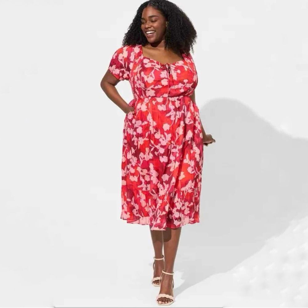 Torrid Floral Crinkle Fabric Tiered Puff Sleeve Smocked Midi Dress Red Pink 12